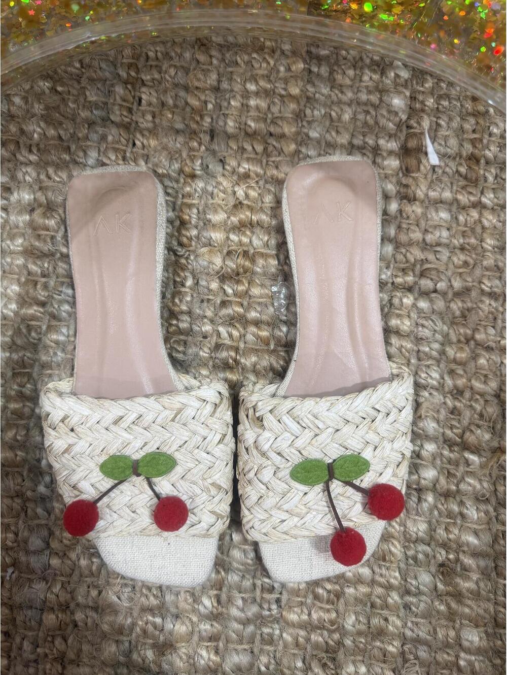 Size 9 Brazilian Beige flat sandal with cherry appliqué
